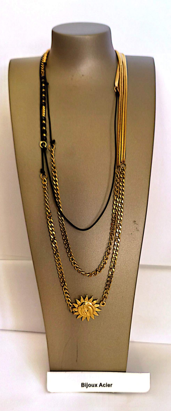 Collier 3 tours chaînes dorées et noires avec pendentif soleil