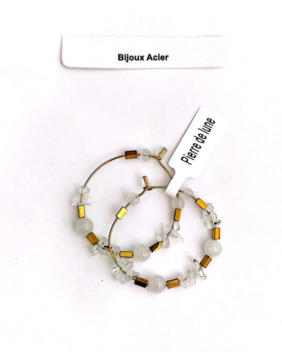 Créoles Pierre de lune acier inoxydable doré 4 cm