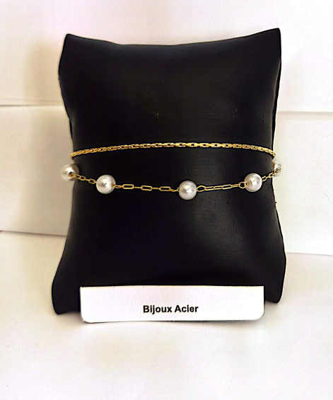 Bracelet double rang perles blanches nacrées acier inoxydable doré
