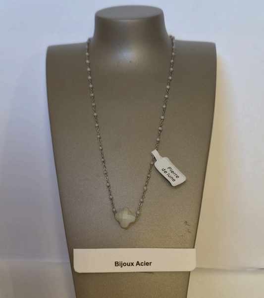 Collier rosaire Pierre de Lune trèfle argenté