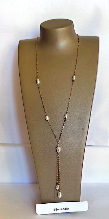 Collier sautoir lariat perles blanches sur chaîne dorée