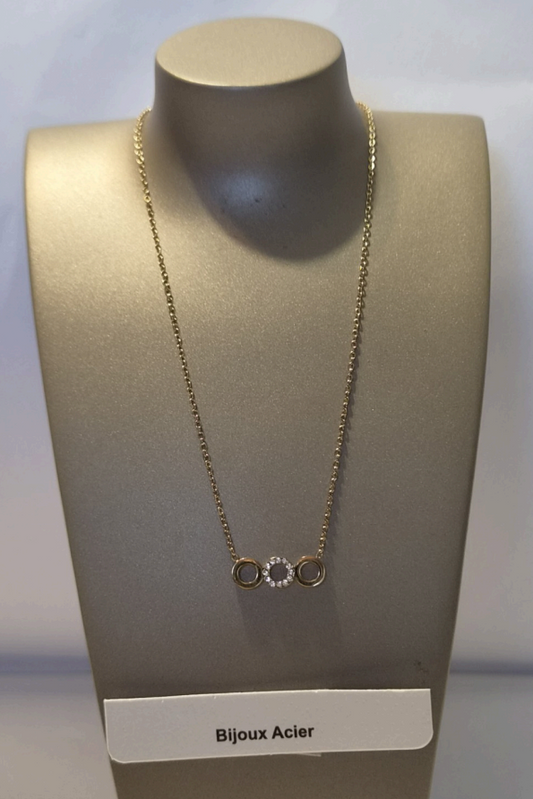 Collier 3 anneaux dorés entrelacés sur chaîne dorée