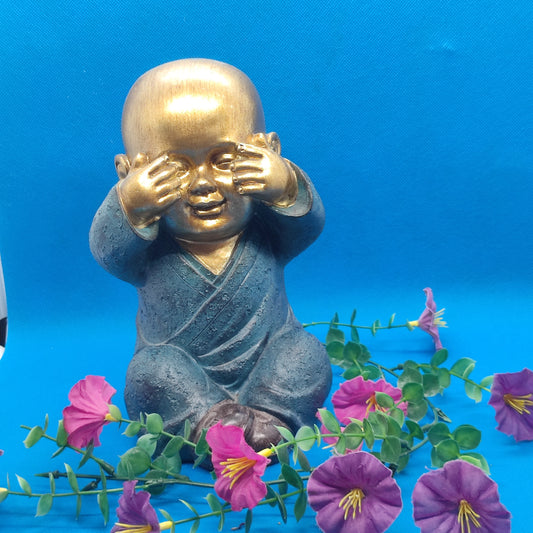 Statuette petit moine Bouddha Je ne vois rien en résine dorée et gris ardoise